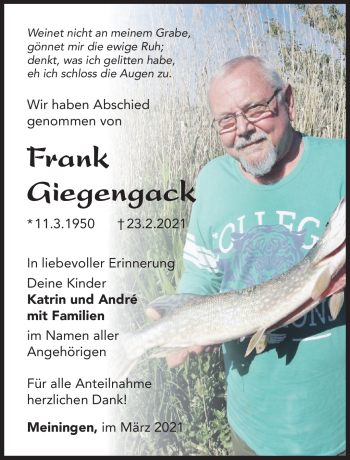 Traueranzeige von Frank Giegengack von Südthüringer Presse