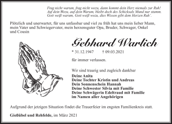 Traueranzeige von Gebhard Warlich von Südthüringer Presse
