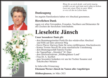 Traueranzeige von Lieselotte Jänsch von Südthüringer Presse