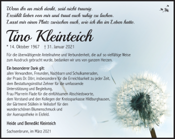 Traueranzeige von Tino Kleinteich von Südthüringer Presse