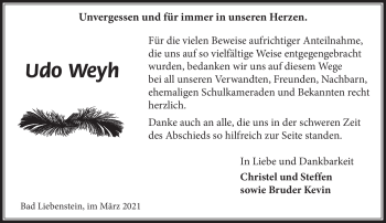 Traueranzeige von Udo Weyh von Südthüringer Presse
