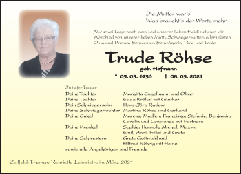 Traueranzeige von Trude Röhse von Südthüringer Presse