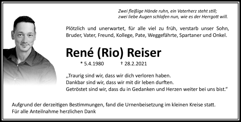  Traueranzeige für Rene Reiser vom 09.03.2021 aus Frankenpost