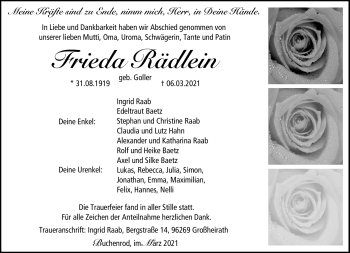 Traueranzeige von Frieda Rädlein von Neue Presse Coburg