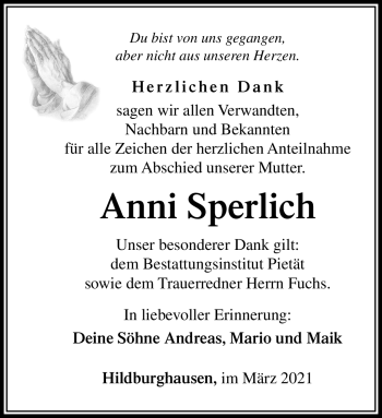 Traueranzeige von Anni Sperlich von Südthüringer Presse