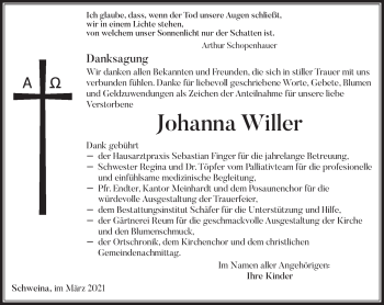 Traueranzeige von Johanna Willer von Südthüringer Presse