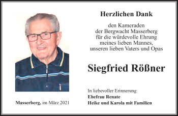 Traueranzeige von Siegfried Rößner von Südthüringer Presse