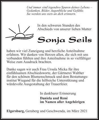 Traueranzeige von Sonja Seils von Südthüringer Presse