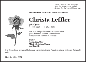 Traueranzeige von Christa Leffler von Südthüringer Presse