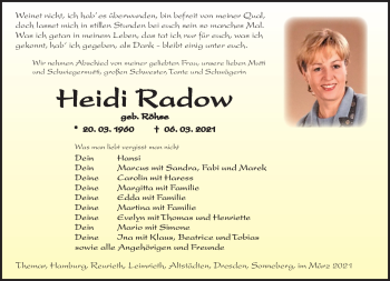 Traueranzeige von Heidi Radow von Südthüringer Presse