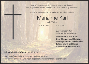 Traueranzeige von Marianne Karl von Neue Presse Coburg