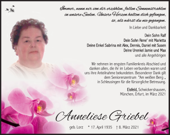 Traueranzeige von Anneliese Griebel von Südthüringer Presse