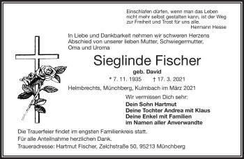 Traueranzeige von Sieglinde Fischer von Frankenpost