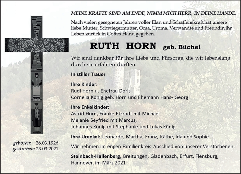  Traueranzeige für Ruth Horn vom 27.03.2021 aus Südthüringer Presse