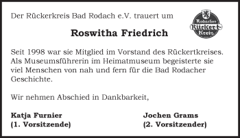 Traueranzeige von Roswitha Friedrich von Neue Presse Coburg