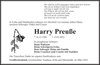 Traueranzeige von Harry Preuße von Südthüringer Presse