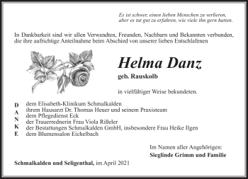 Traueranzeige von Helma Danz von Südthüringer Presse