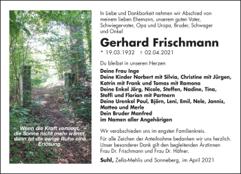 Traueranzeige von Gerhard Frischmann von Südthüringer Presse