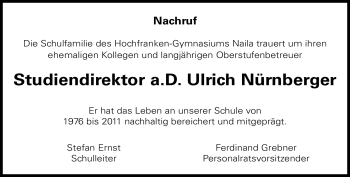 Traueranzeige von Ulrich Nürnberger von Frankenpost