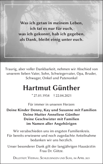 Traueranzeige von Hartmut Günther von Südthüringer Presse