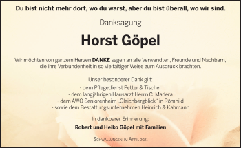 Traueranzeige von Horst Göpel von Südthüringer Presse