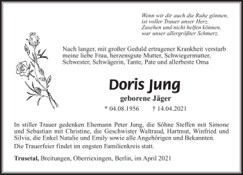 Traueranzeige von Doris Jung von Südthüringer Presse