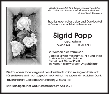 Traueranzeige von Sigrid Popp von Südthüringer Presse