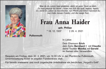 Traueranzeige von Anna Haider von Frankenpost