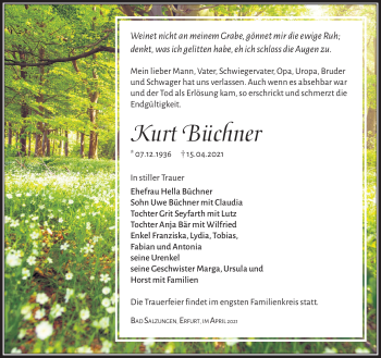 Traueranzeige von Kurt Büchner von Südthüringer Presse