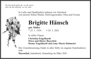 Traueranzeige von Brigitte Hänsch von Südthüringer Presse