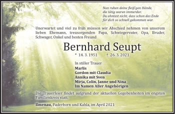 Traueranzeige von Bernhard Seupt von Südthüringer Presse