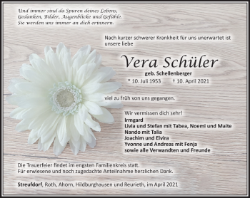 Traueranzeige von Vera Schüler von Südthüringer Presse