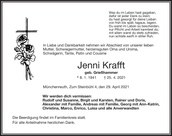 Traueranzeige von Jenni Krafft von Frankenpost