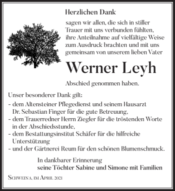 Traueranzeige von Werner Leyh von Südthüringer Presse