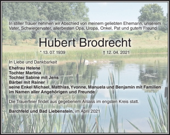 Traueranzeige von Hubert Brodrecht von Südthüringer Presse
