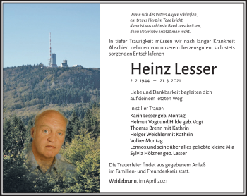 Traueranzeige von Heinz Lesser von Südthüringer Presse