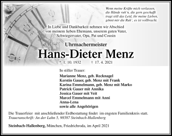 Traueranzeige von Hans-Dieter Menz von Südthüringer Presse