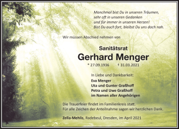 Traueranzeige von Gerhard Menger von Südthüringer Presse