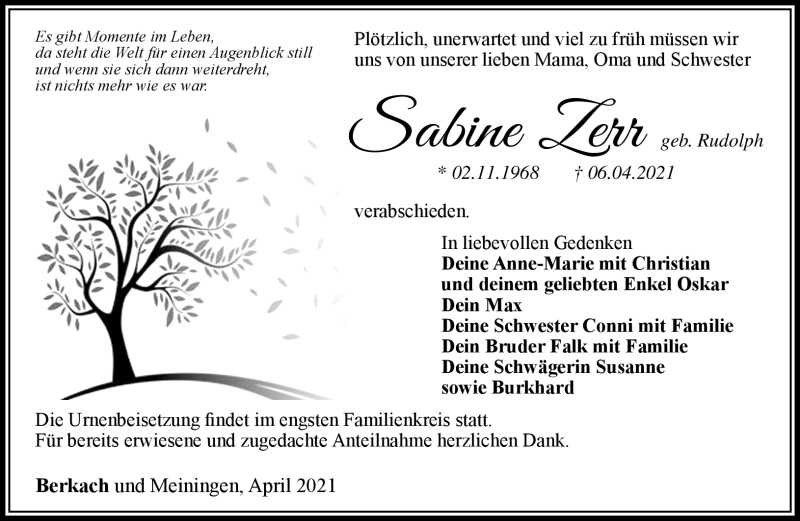  Traueranzeige für Sabine Zerr vom 15.04.2021 aus Südthüringer Presse