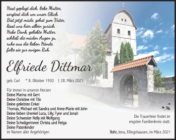 Traueranzeige von Elfriede Dittmar von Südthüringer Presse