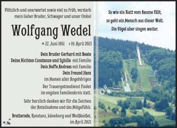 Traueranzeige von Wolfgang Wedel von Südthüringer Presse