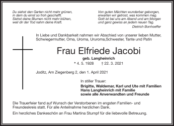 Traueranzeige von Elfriede Jacobi von Frankenpost