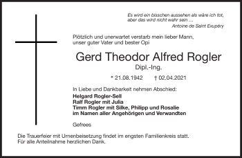 Traueranzeige von Gerd Theodor Alfred Rogler von Frankenpost