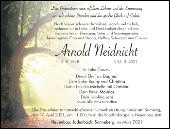 Traueranzeige von Arnold Neidnicht von Südthüringer Presse