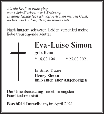 Traueranzeige von Eva-Luise Simon von Südthüringer Presse