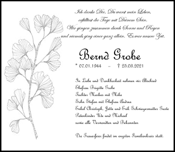 Traueranzeige von Bernd Grobe von Südthüringer Presse