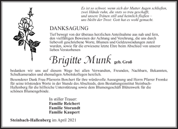 Traueranzeige von Brigitte Munk von Südthüringer Presse