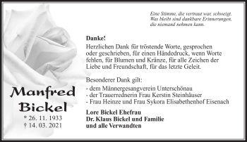 Traueranzeige von Manfred Bickel von Südthüringer Presse
