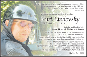 Traueranzeige von Kurt Lindovsky von Frankenpost