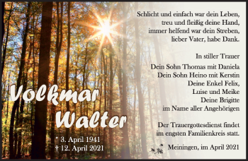 Traueranzeige von Volkmar Walter von Südthüringer Presse